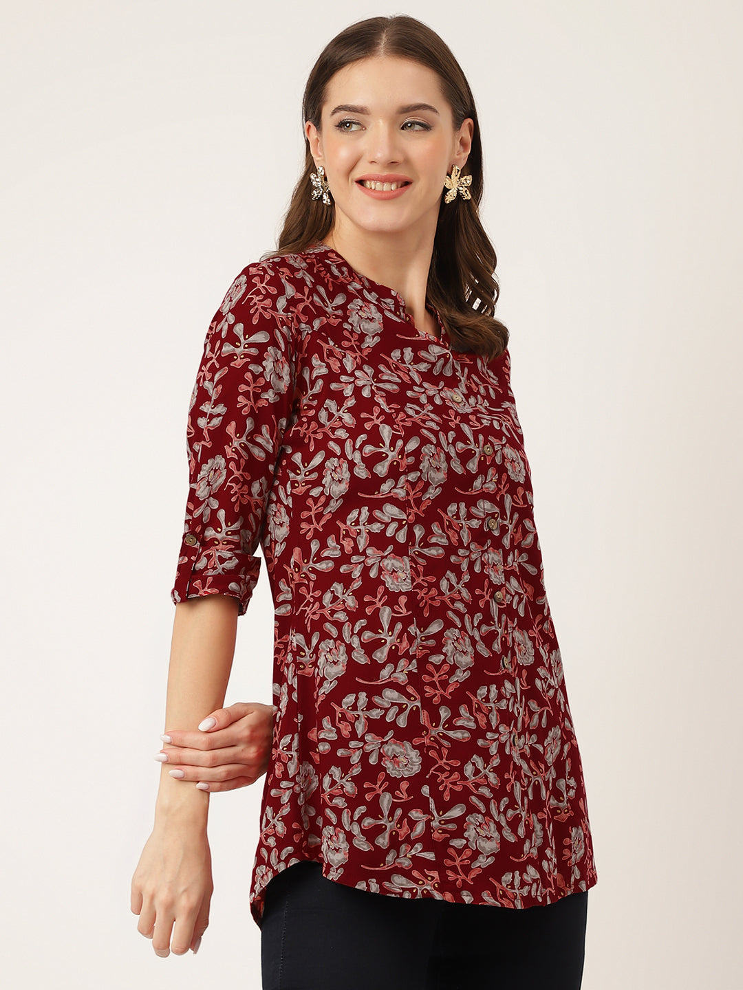 Maroon Floral Print Rayon Regular Top