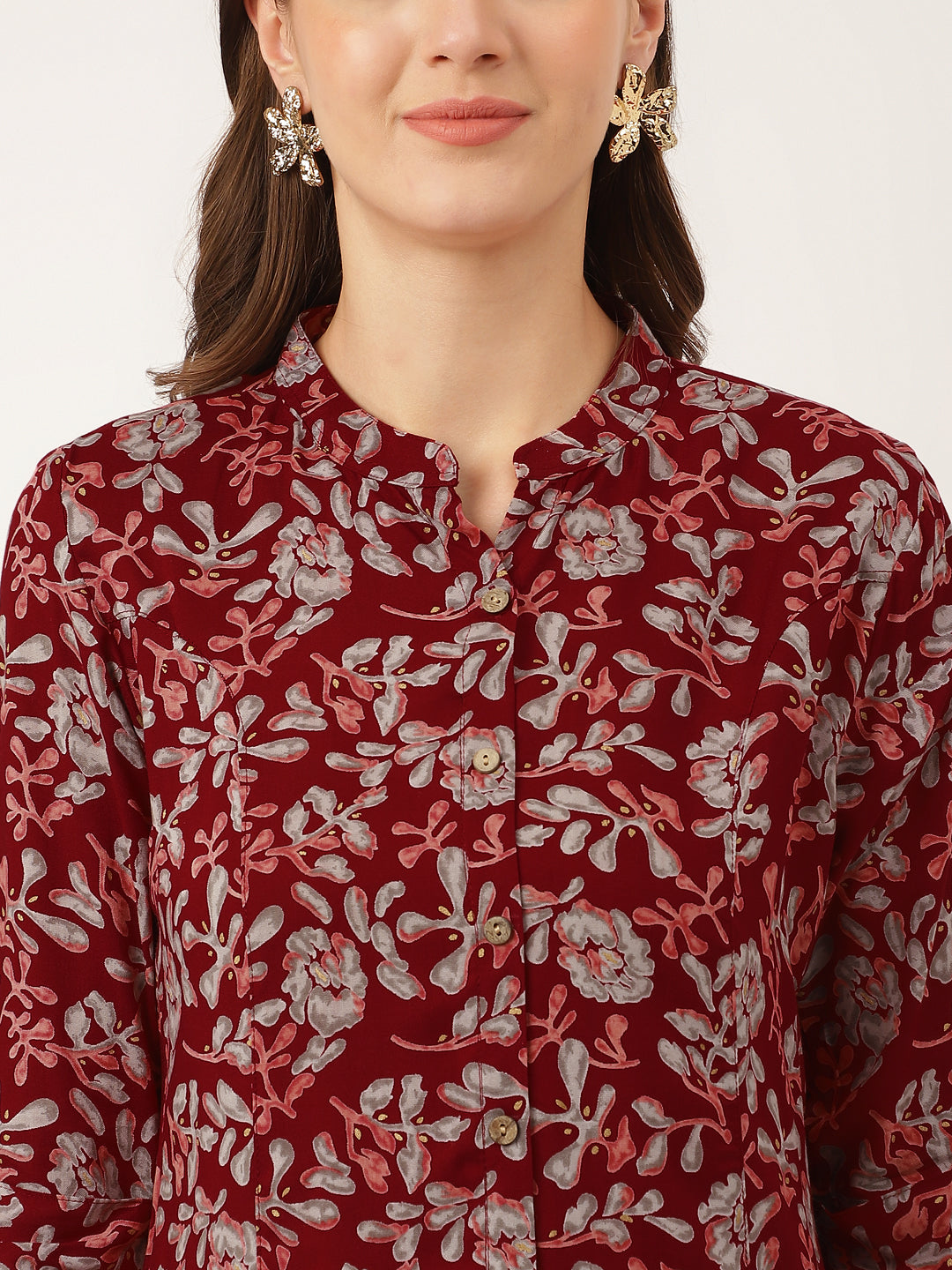 Maroon Floral Print Rayon Regular Top