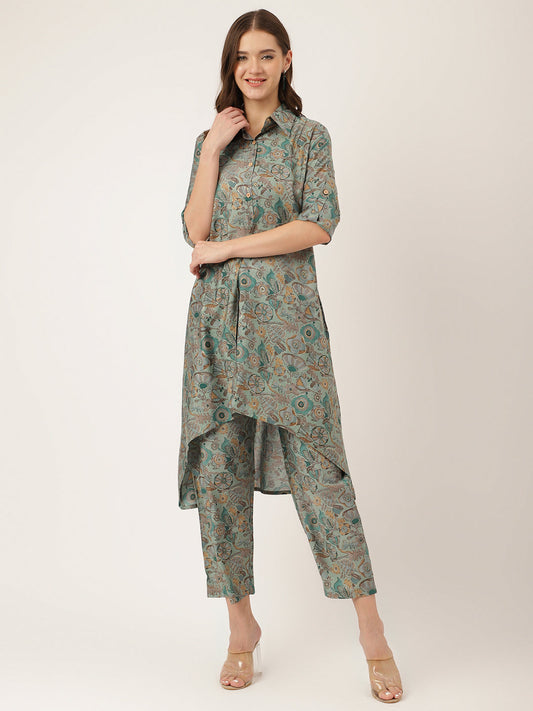 Blue & Green Foil Printed Chanderi  Co-ord Set