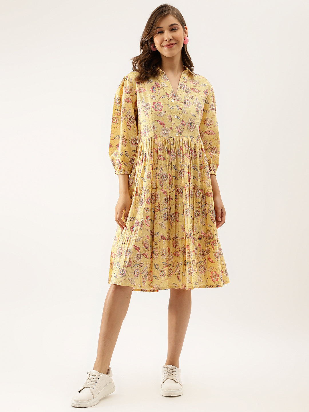 Yellow Floral Printed Cotton Dress for Women