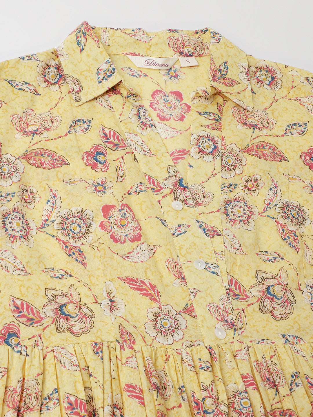 Yellow Floral Printed Cotton Dress for Women