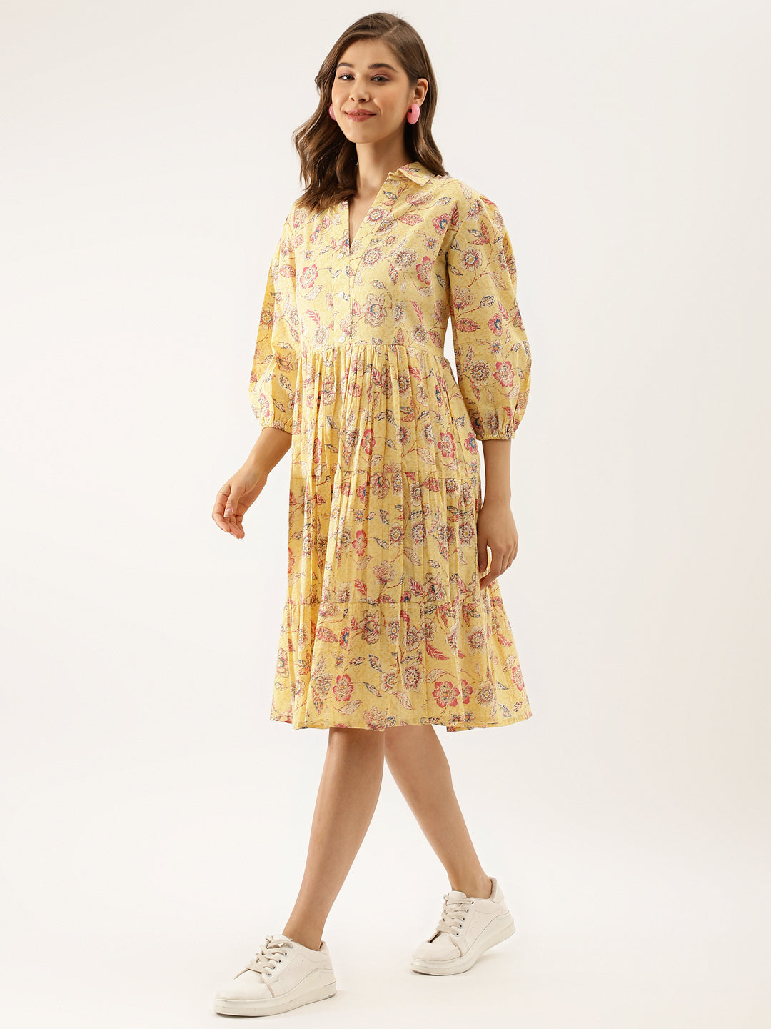 Yellow Floral Printed Cotton Dress for Women