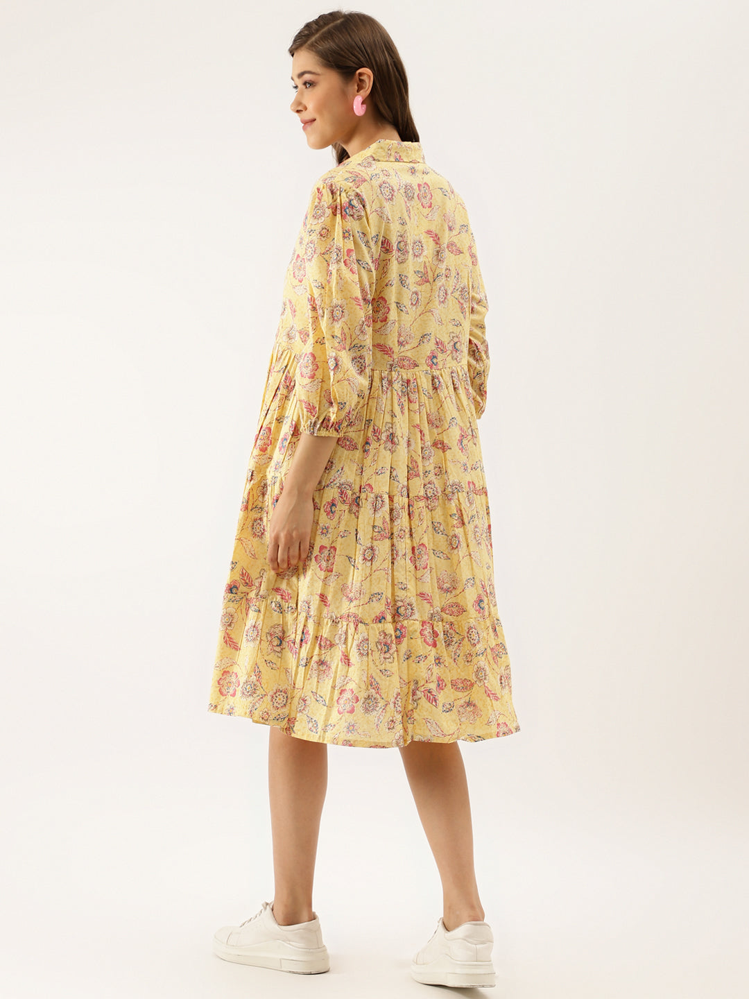 Yellow Floral Printed Cotton Dress for Women