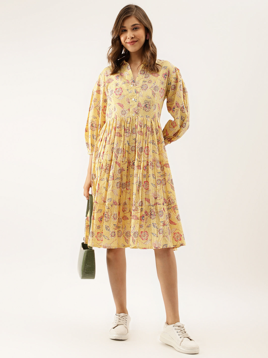 Yellow Floral Printed Cotton Dress for Women