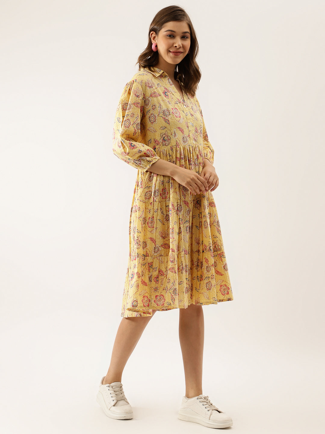 Yellow Floral Printed Cotton Dress for Women