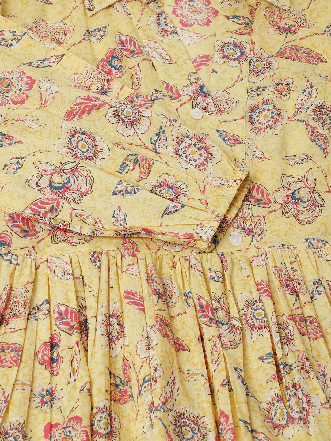 Yellow Floral Printed Cotton Dress for Women