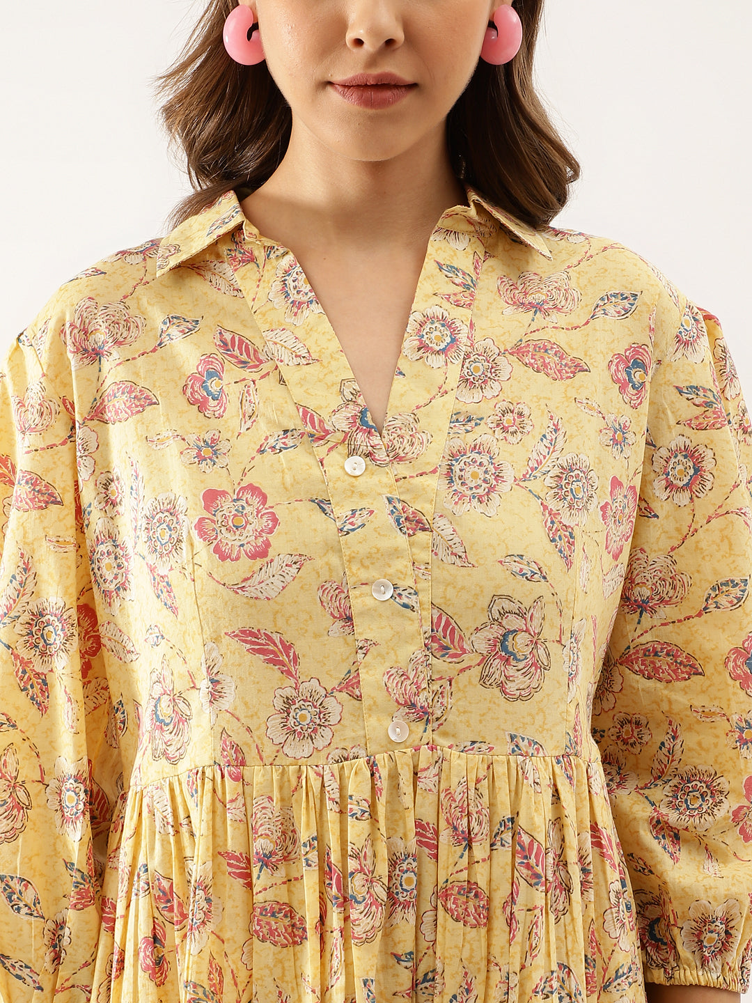 Yellow Floral Printed Cotton Dress for Women