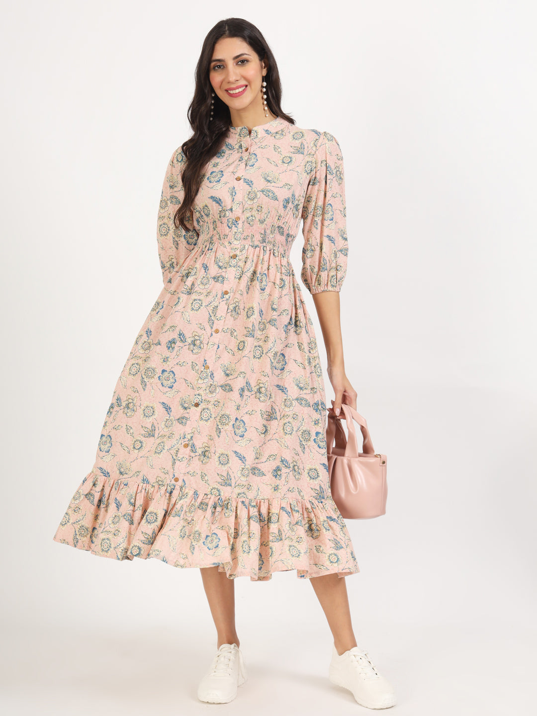 Light Pink Floral Print Cotton Knee Long Dress for Women