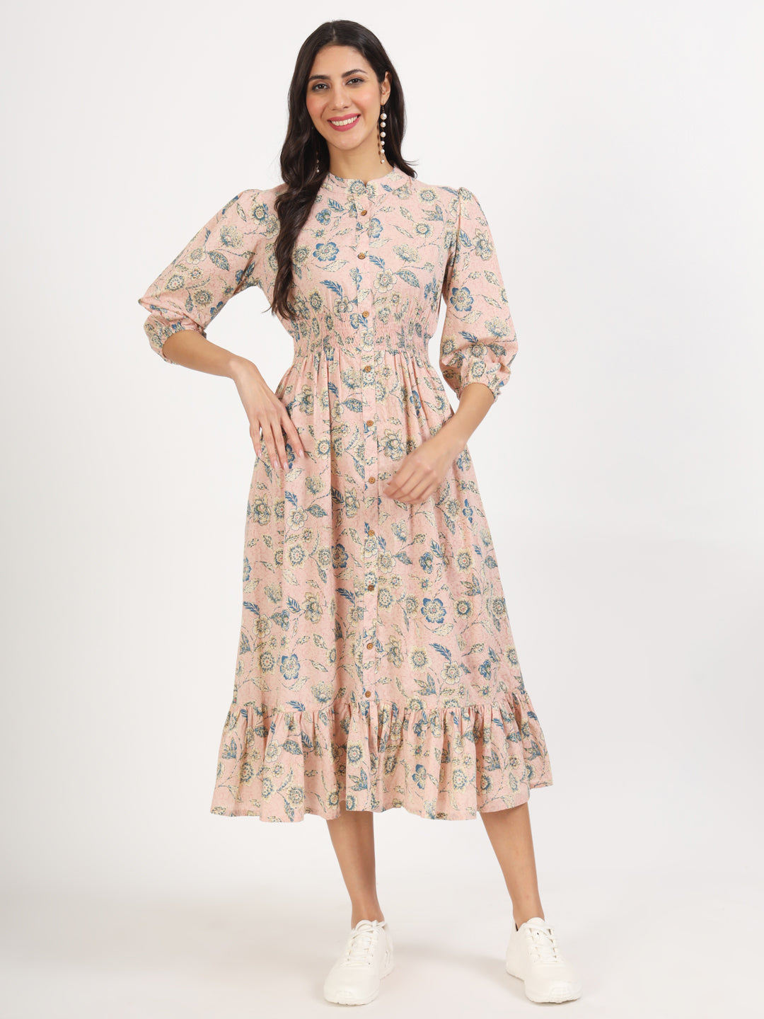 Light Pink Floral Print Cotton Knee Long Dress for Women