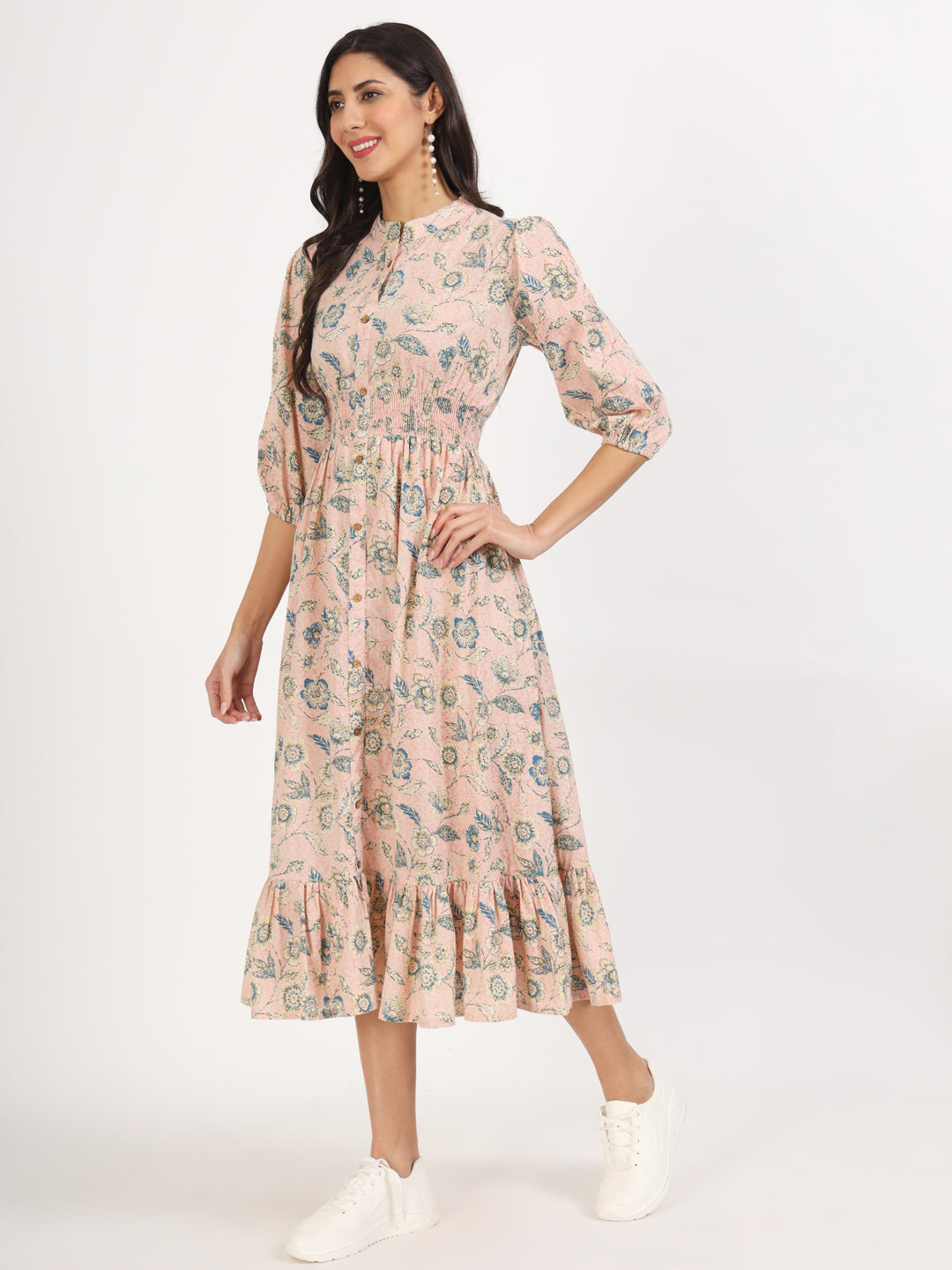 Light Pink Floral Print Cotton Knee Long Dress for Women