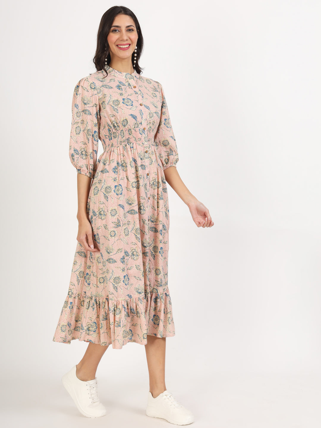 Light Pink Floral Print Cotton Knee Long Dress for Women