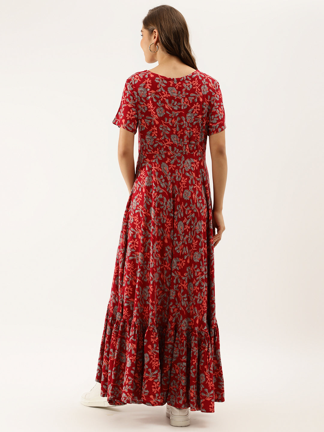 Maroon Floral Printed Rayon Ethnic Dress for Women