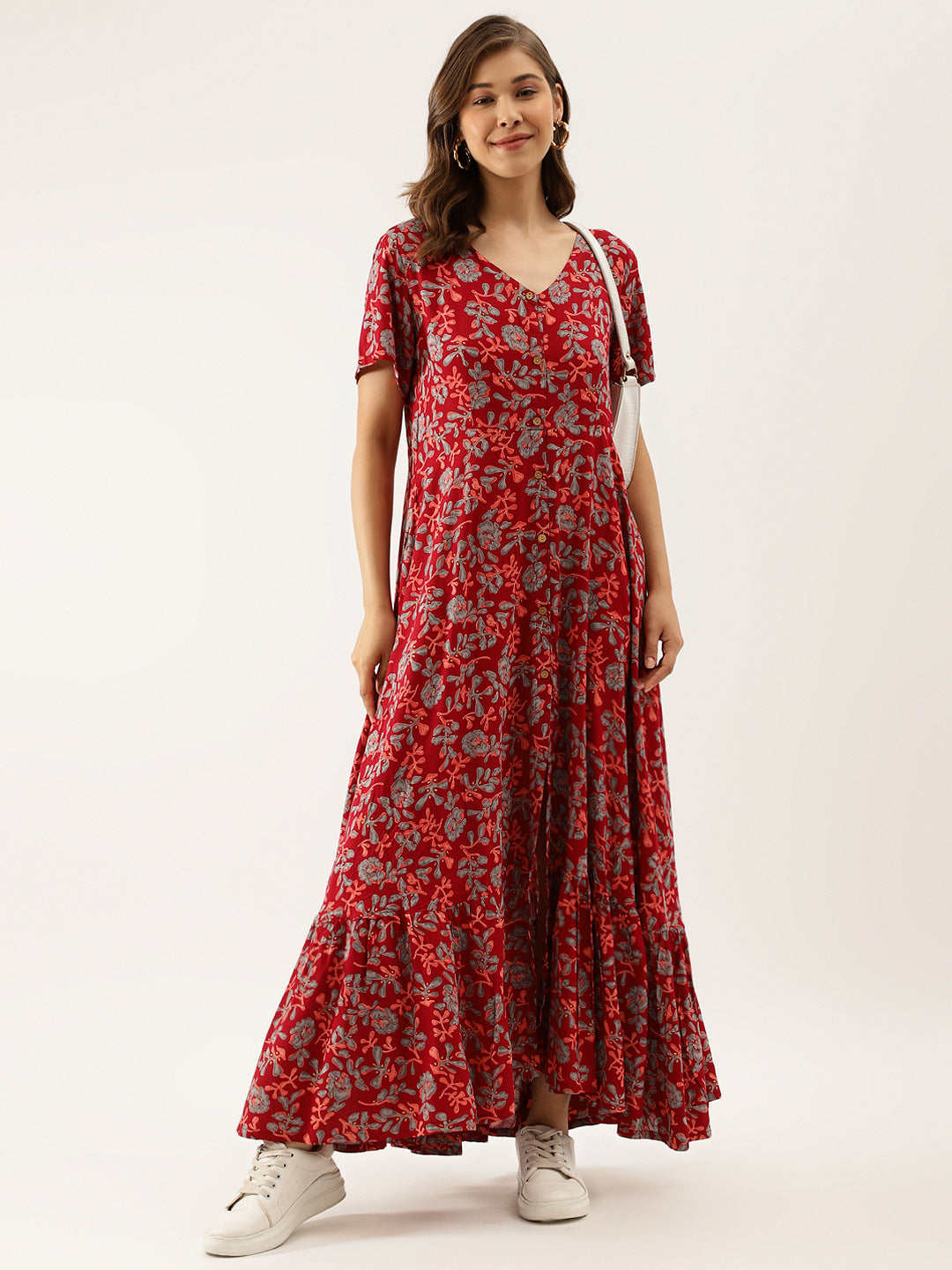 Maroon Floral Printed Rayon Ethnic Dress for Women