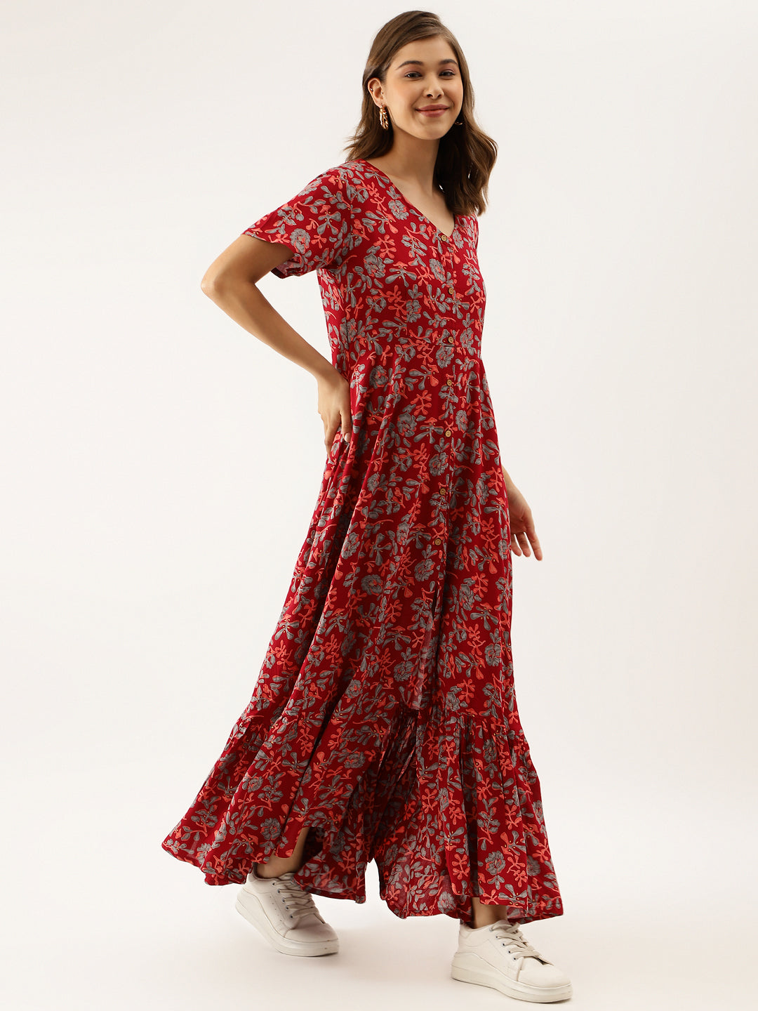 Maroon Floral Printed Rayon Ethnic Dress for Women