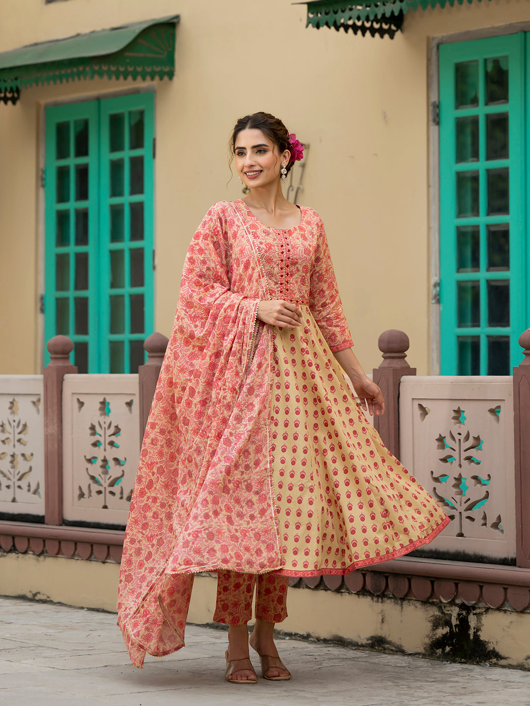 Peach Floral Print Pure Cotton Anarkali Kurta & Trouser with Dupatta