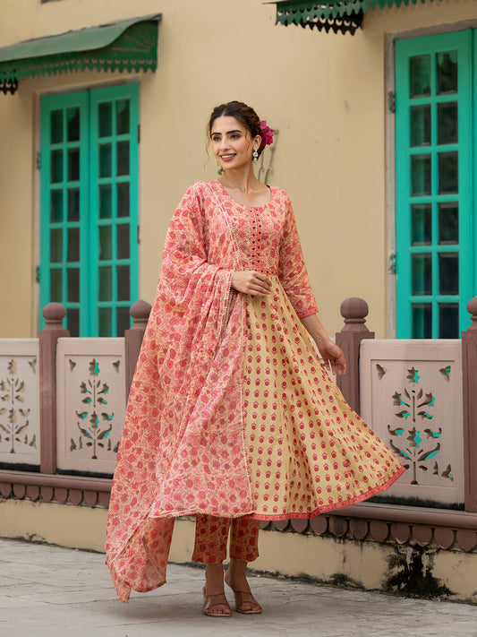 Peach Floral Print Pure Cotton Anarkali Kurta & Trouser with Dupatta