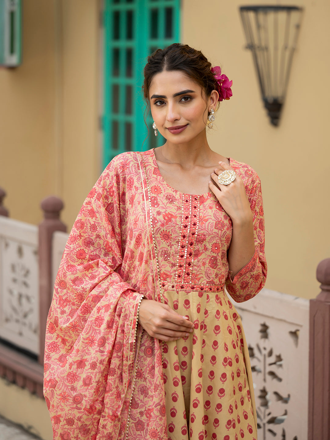 Peach Floral Print Pure Cotton Anarkali Kurta & Trouser with Dupatta