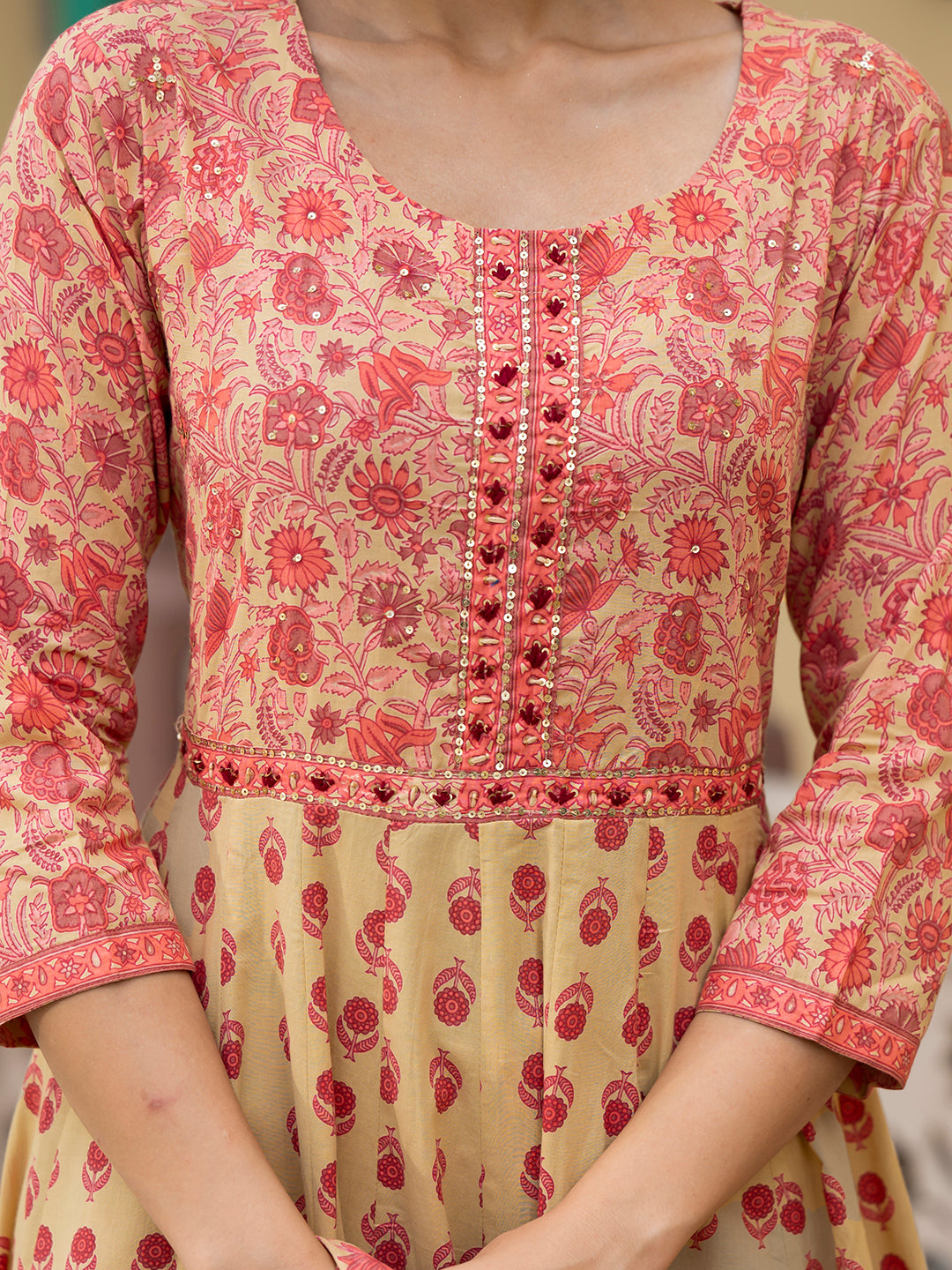 Peach Floral Print Pure Cotton Anarkali Kurta & Trouser with Dupatta