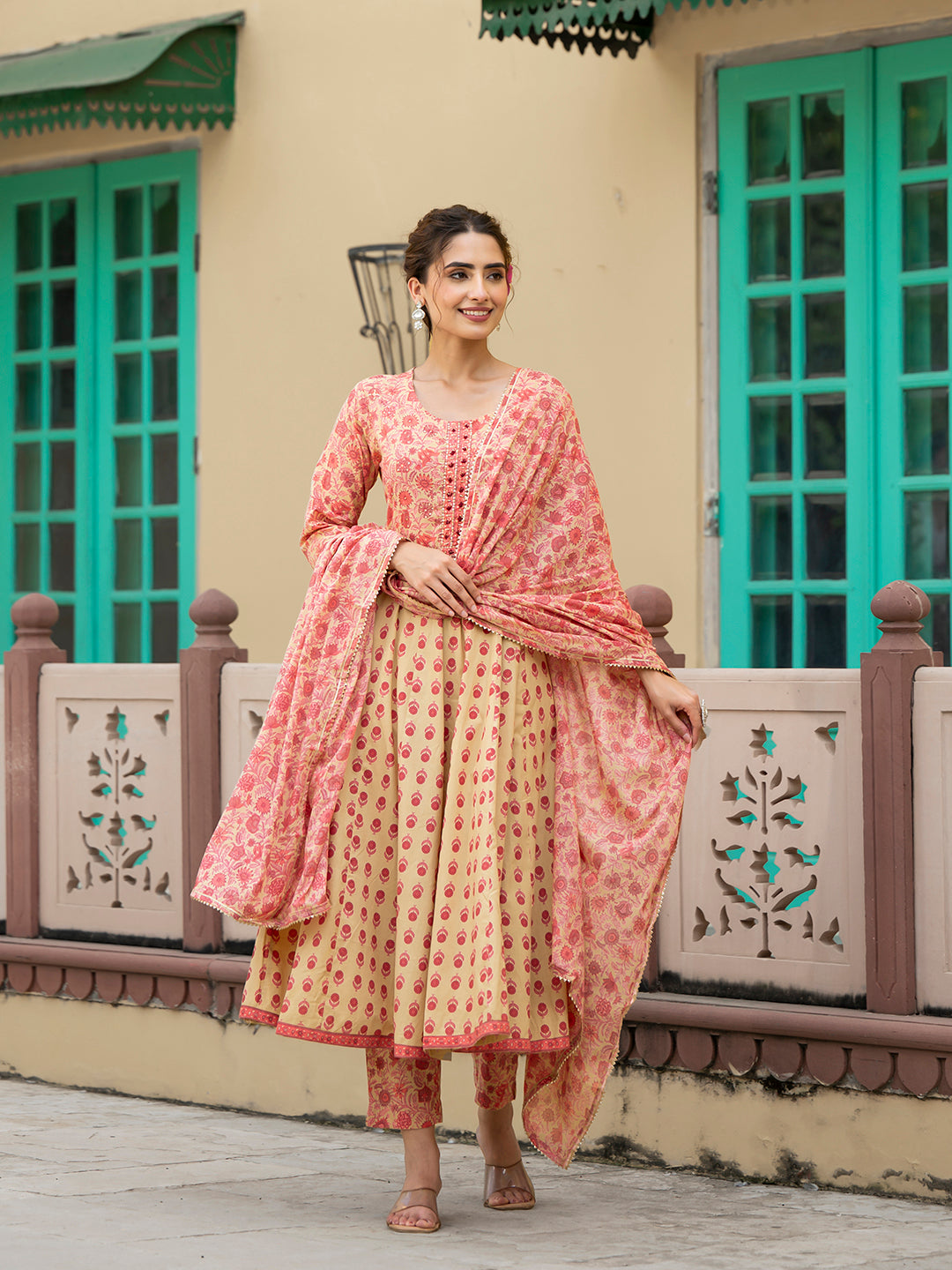 Peach Floral Print Pure Cotton Anarkali Kurta & Trouser with Dupatta