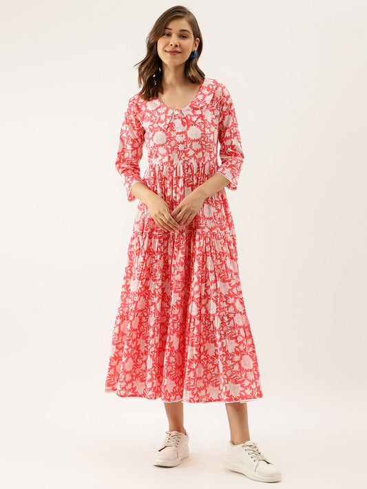 Pink Floral Printed Cotton Ethnic Dress for Women