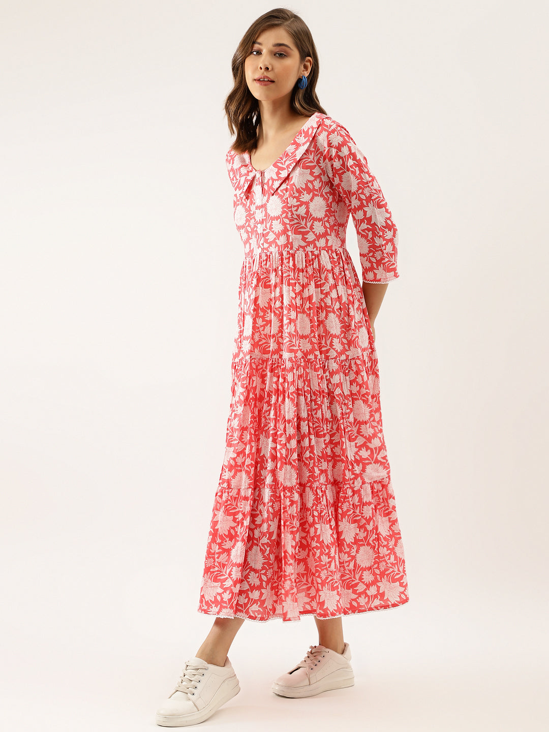 Pink Floral Printed Cotton Ethnic Dress for Women