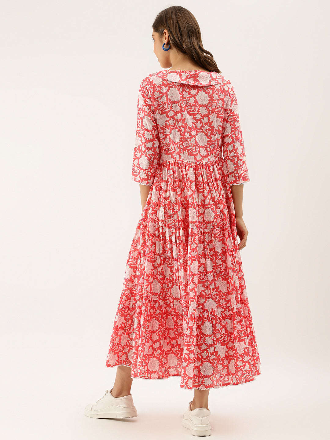 Pink Floral Printed Cotton Ethnic Dress for Women