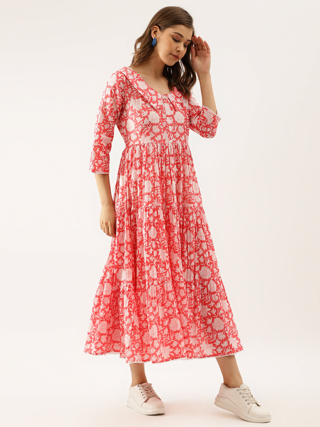 Pink Floral Printed Cotton Ethnic Dress for Women