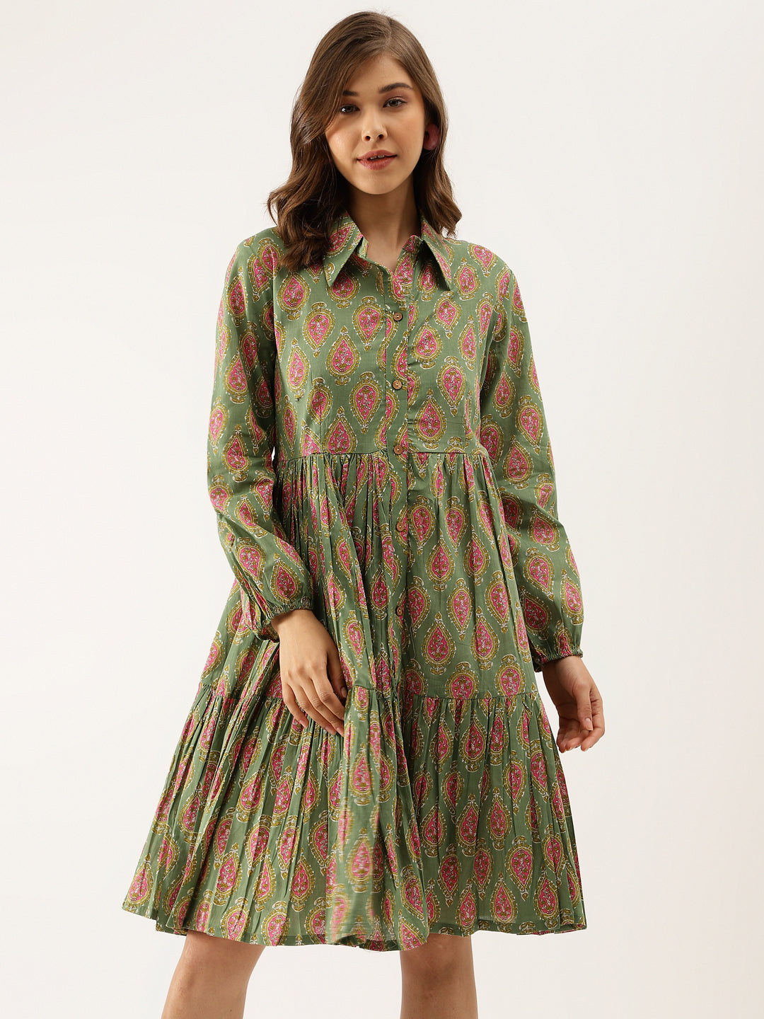 Green Paisley Printed Cotton Dress for Women