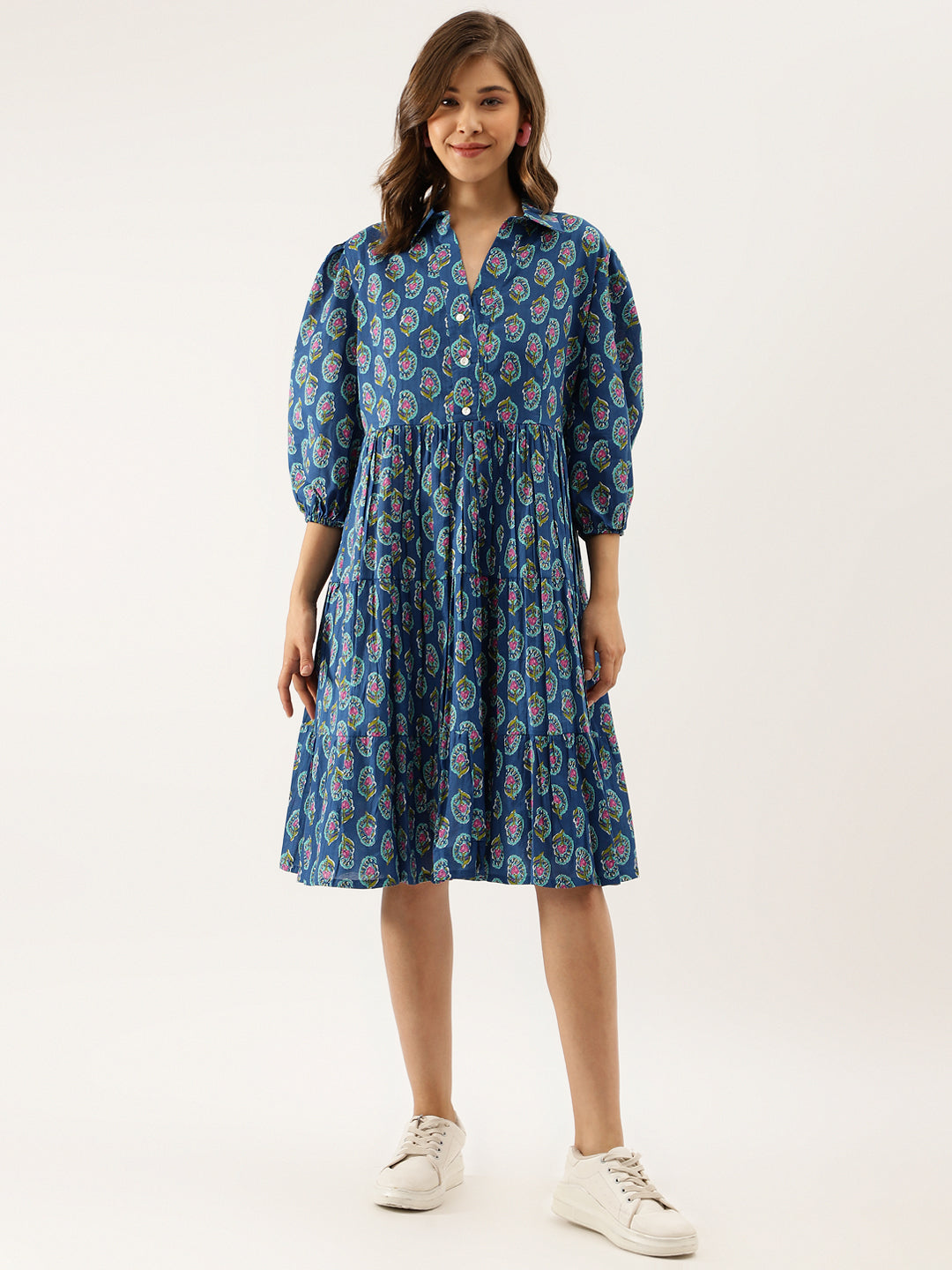 Blue Paisley Printed Cotton Dress for Women