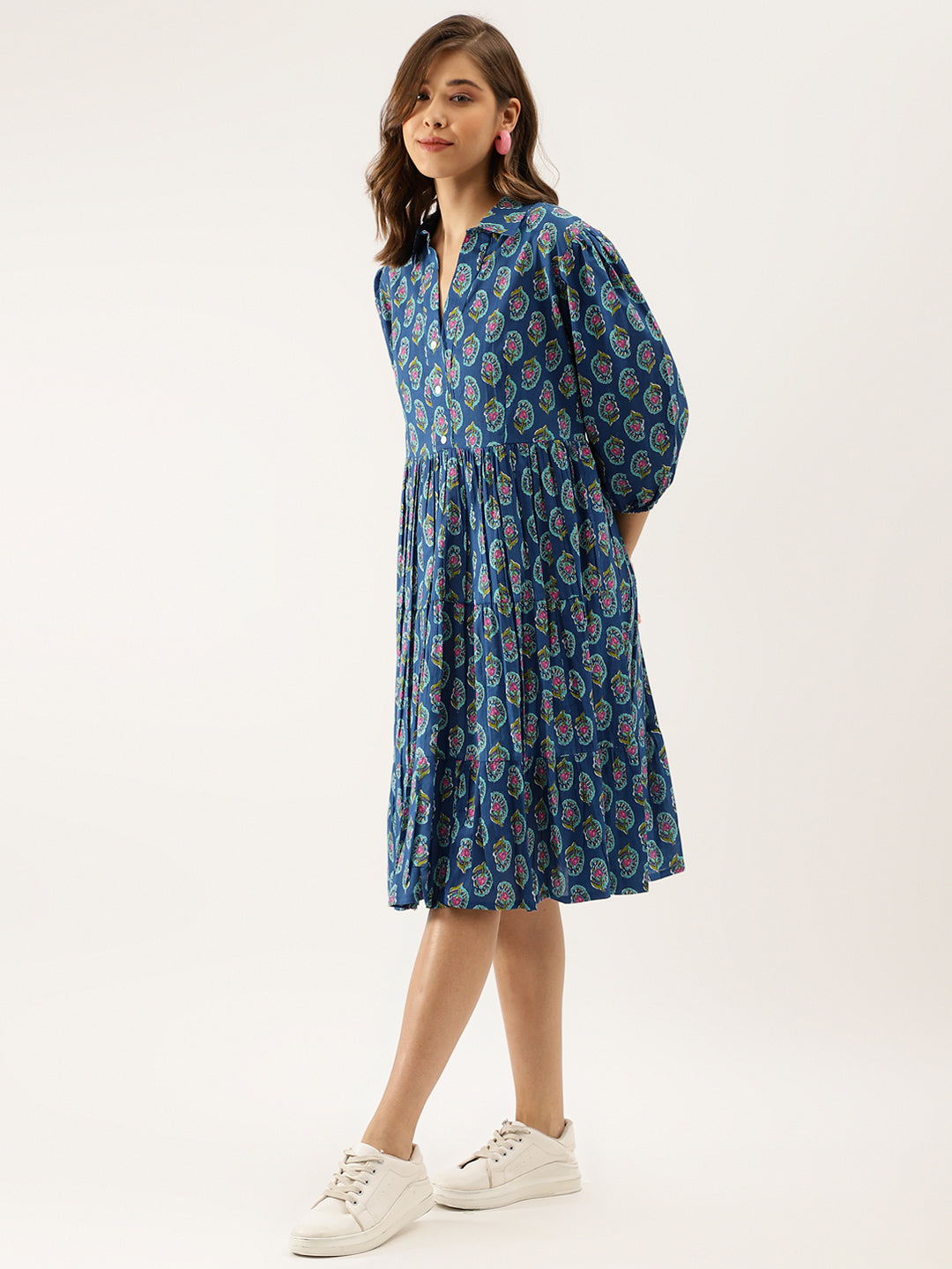 Blue Paisley Printed Cotton Dress for Women