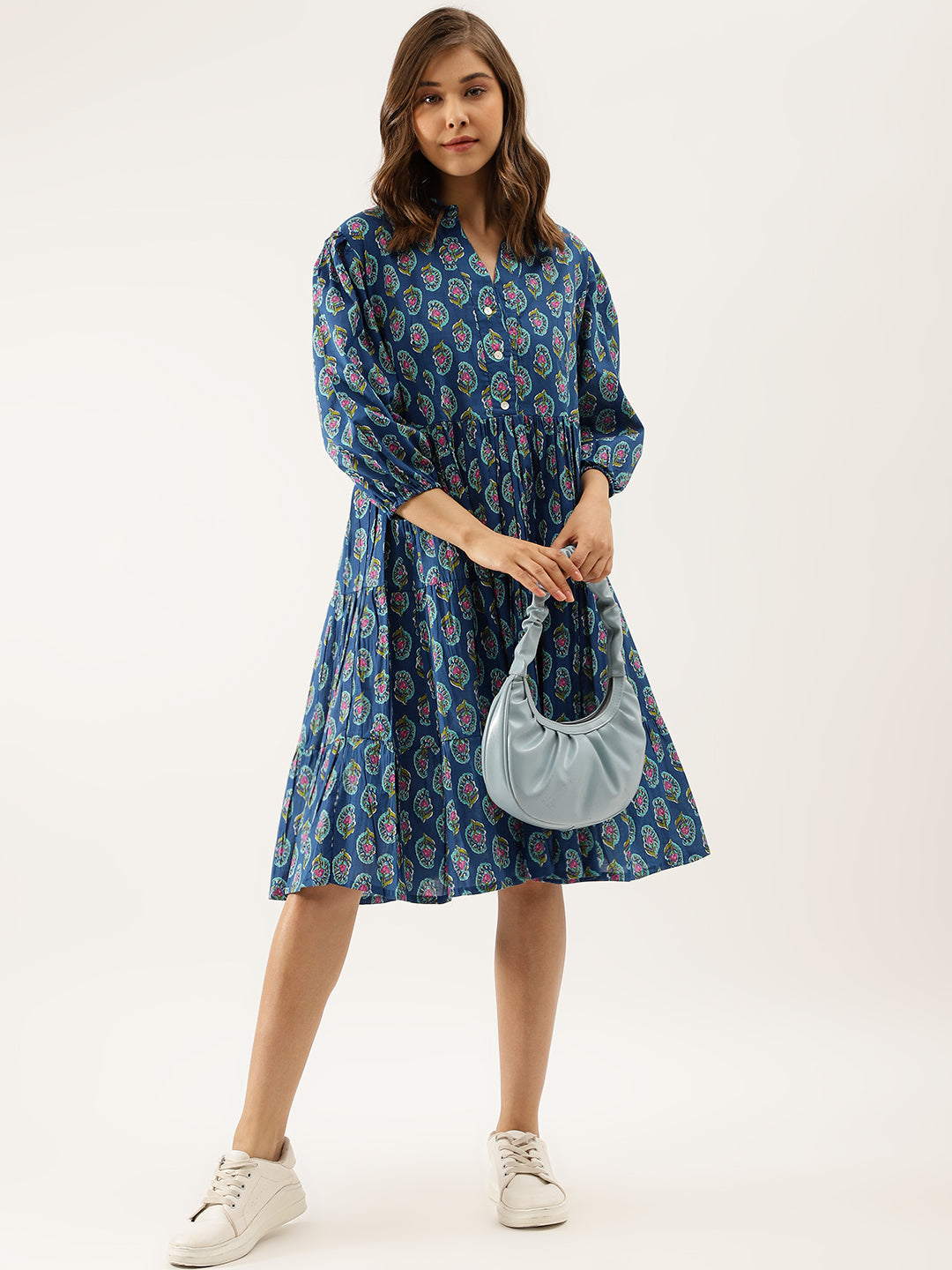 Blue Paisley Printed Cotton Dress for Women