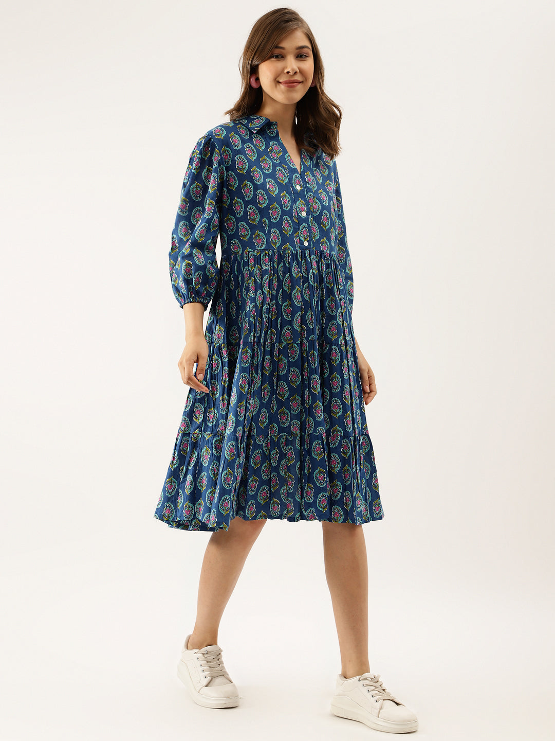 Blue Paisley Printed Cotton Dress for Women