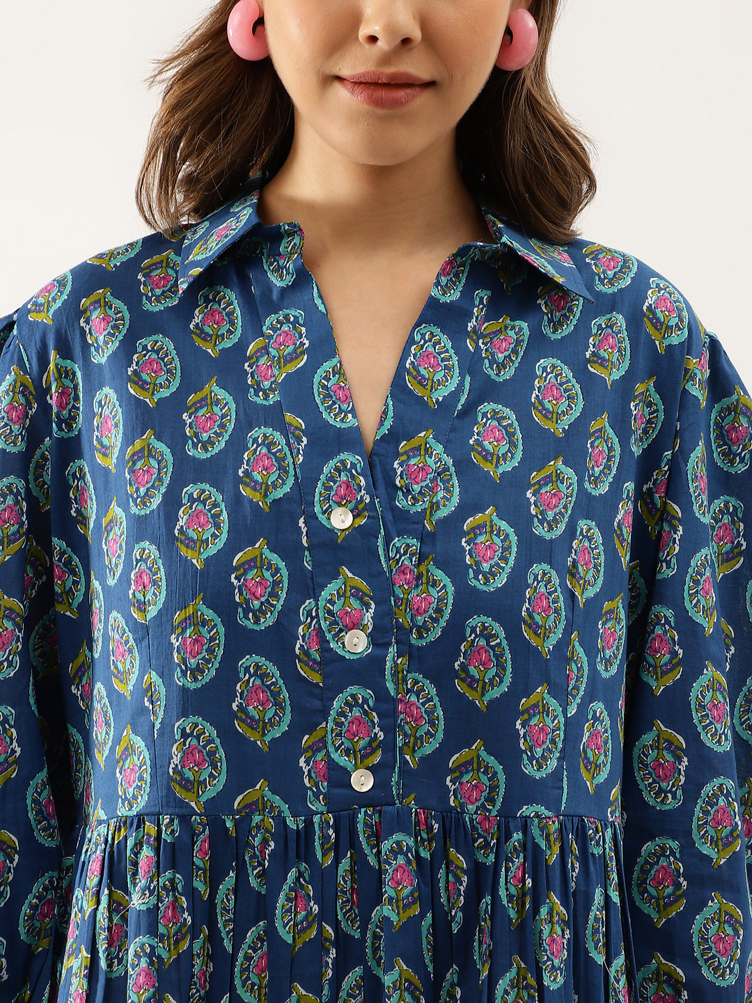 Blue Paisley Printed Cotton Dress for Women