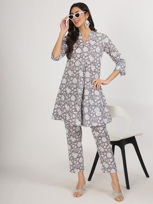 Grey Floral Printed Cotton Co ord Set