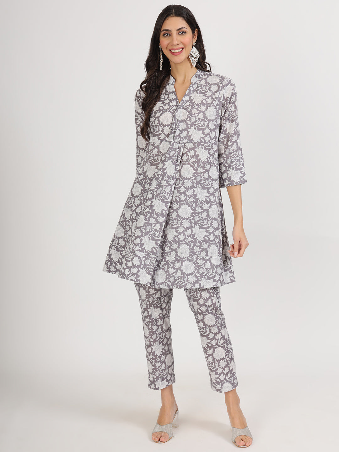 Grey Floral Printed Cotton Co ord Set