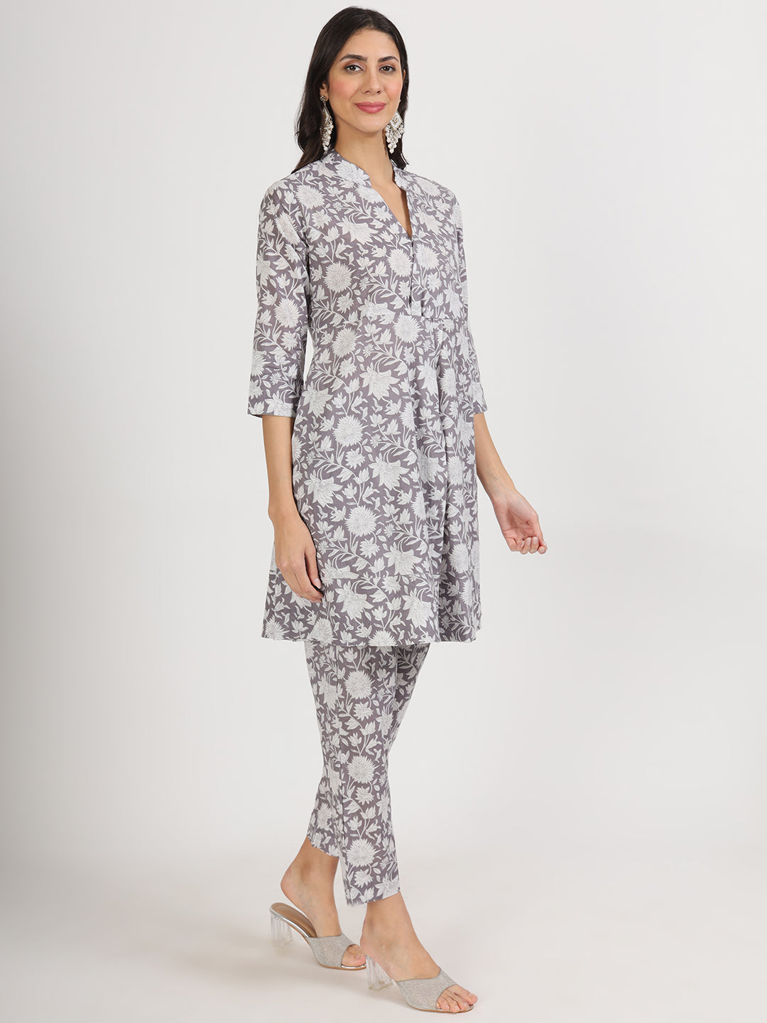 Grey Floral Printed Cotton Co ord Set