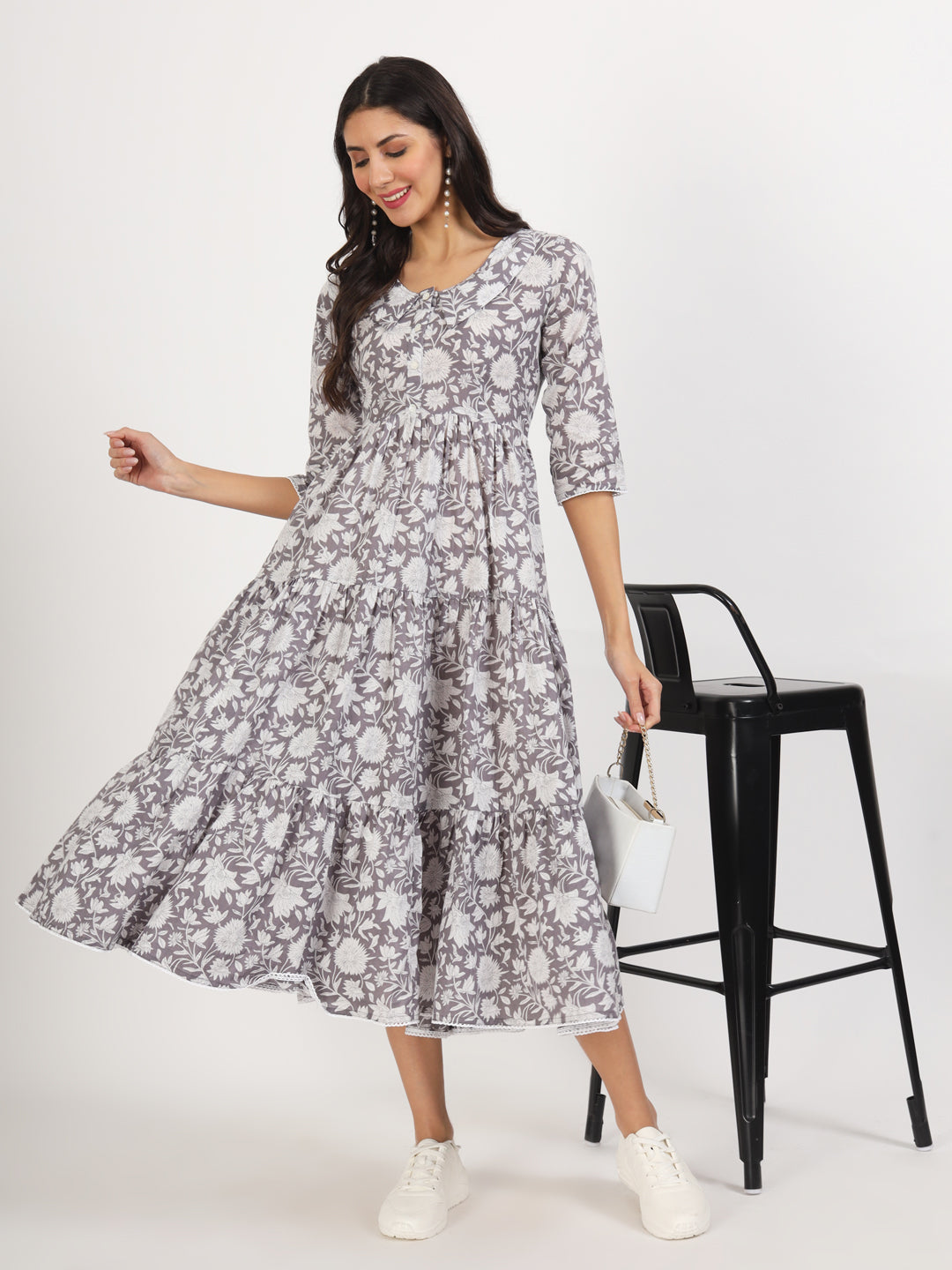 Grey Floral Printed Cotton Dress