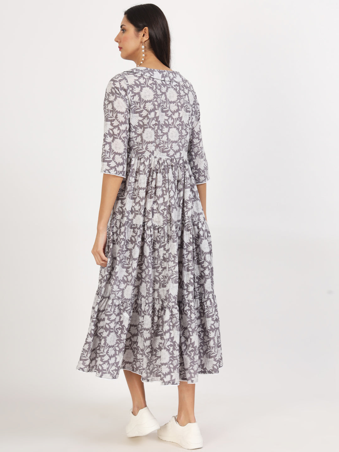 Grey Floral Printed Cotton Dress