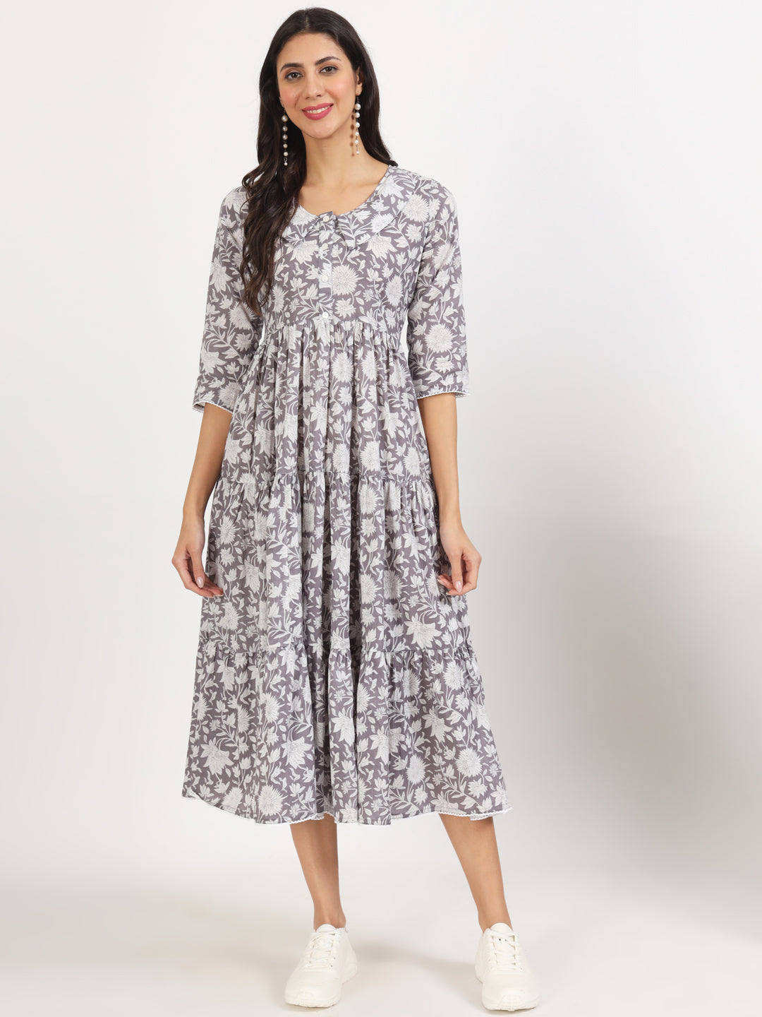 Grey Floral Printed Cotton Dress