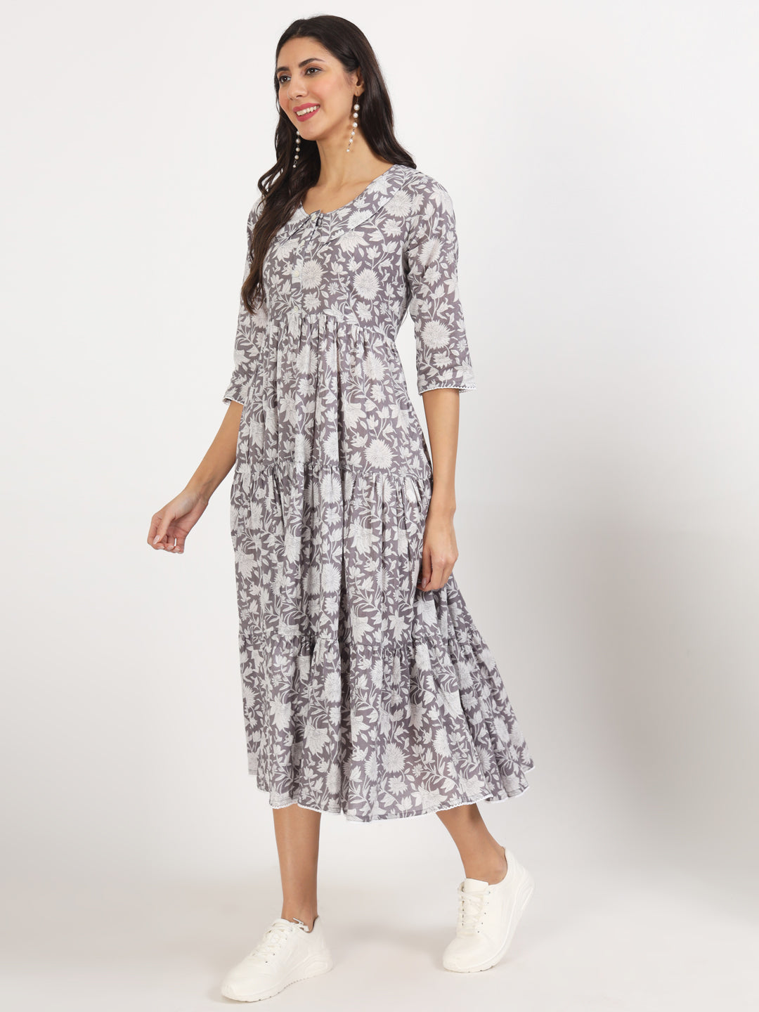 Grey Floral Printed Cotton Dress