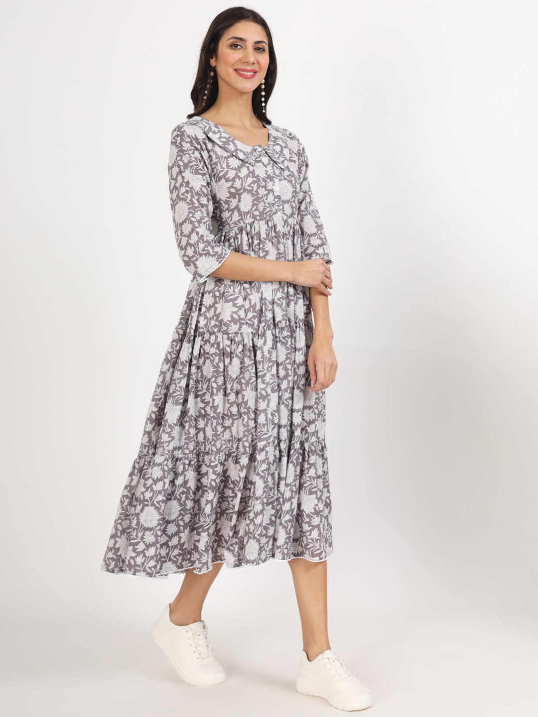 Grey Floral Printed Cotton Dress