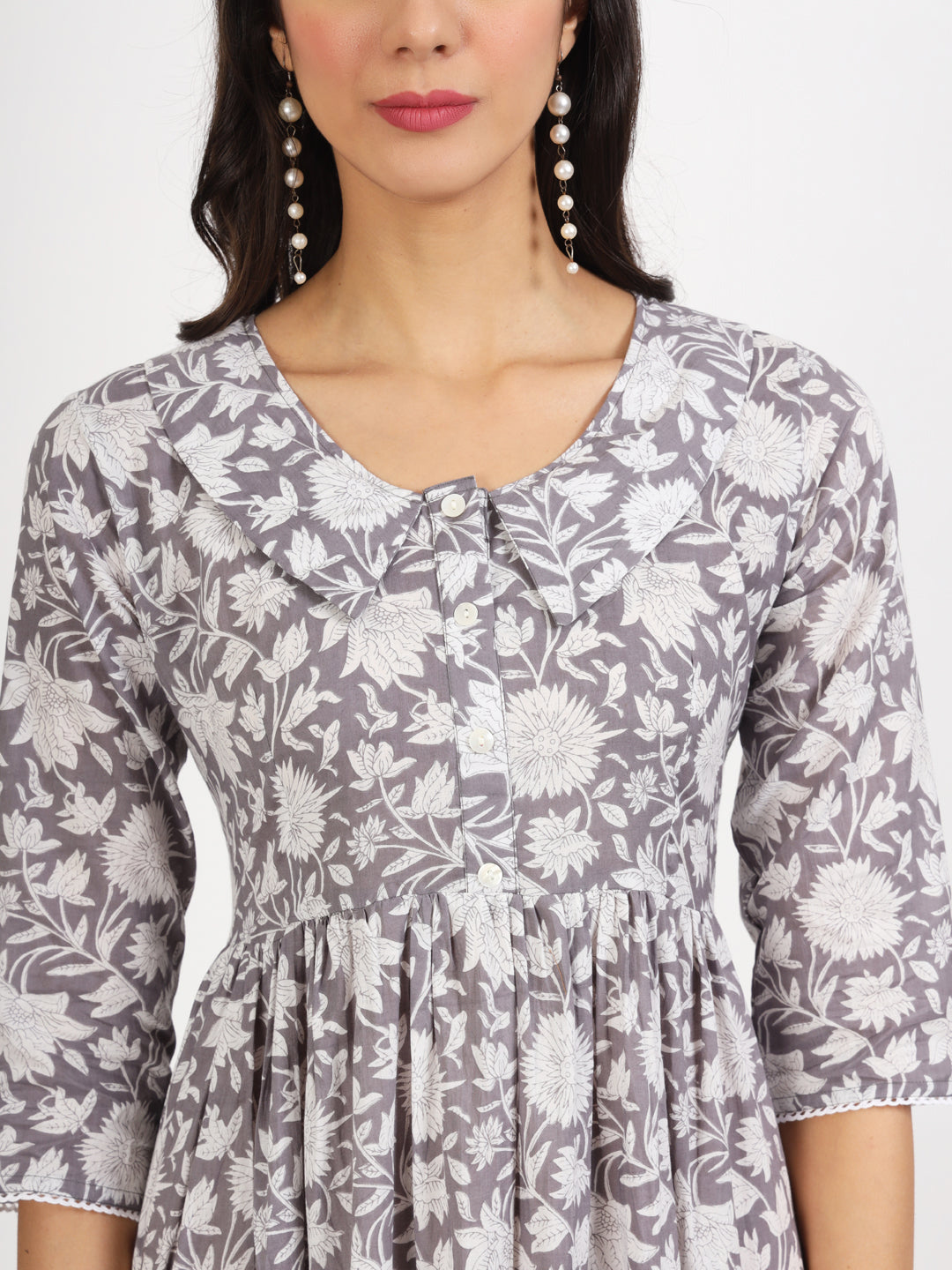 Grey Floral Printed Cotton Dress