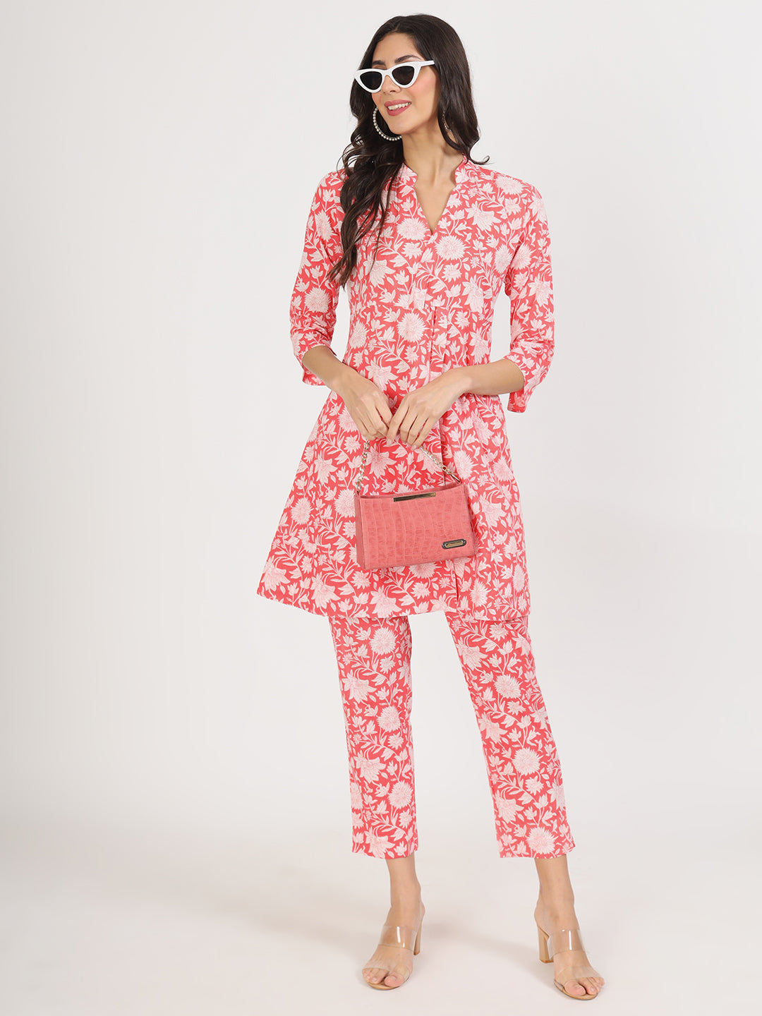 Pink Floral Printed Cotton Kurta with Herem Pant Co ord Set