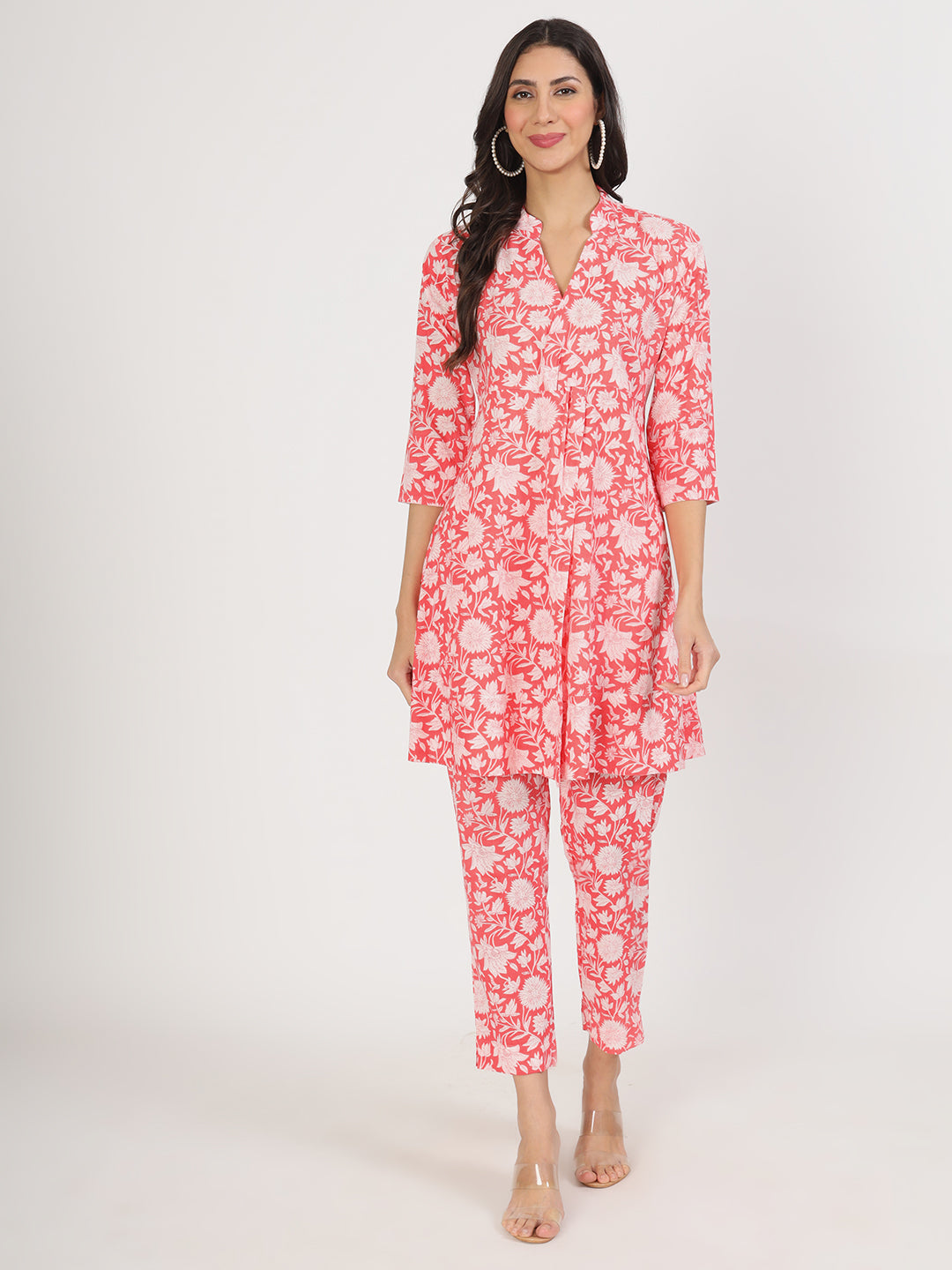 Pink Floral Printed Cotton Kurta with Herem Pant Co ord Set