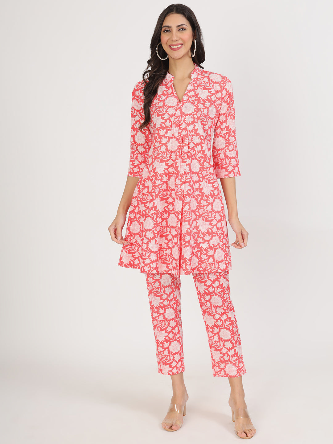 Pink Floral Printed Cotton Kurta with Herem Pant Co ord Set