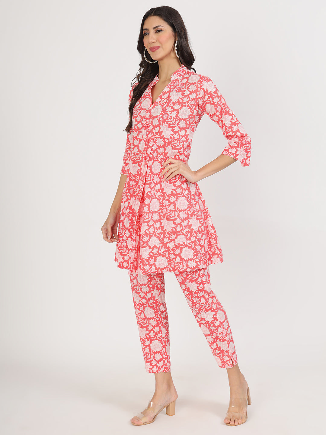 Pink Floral Printed Cotton Kurta with Herem Pant Co ord Set