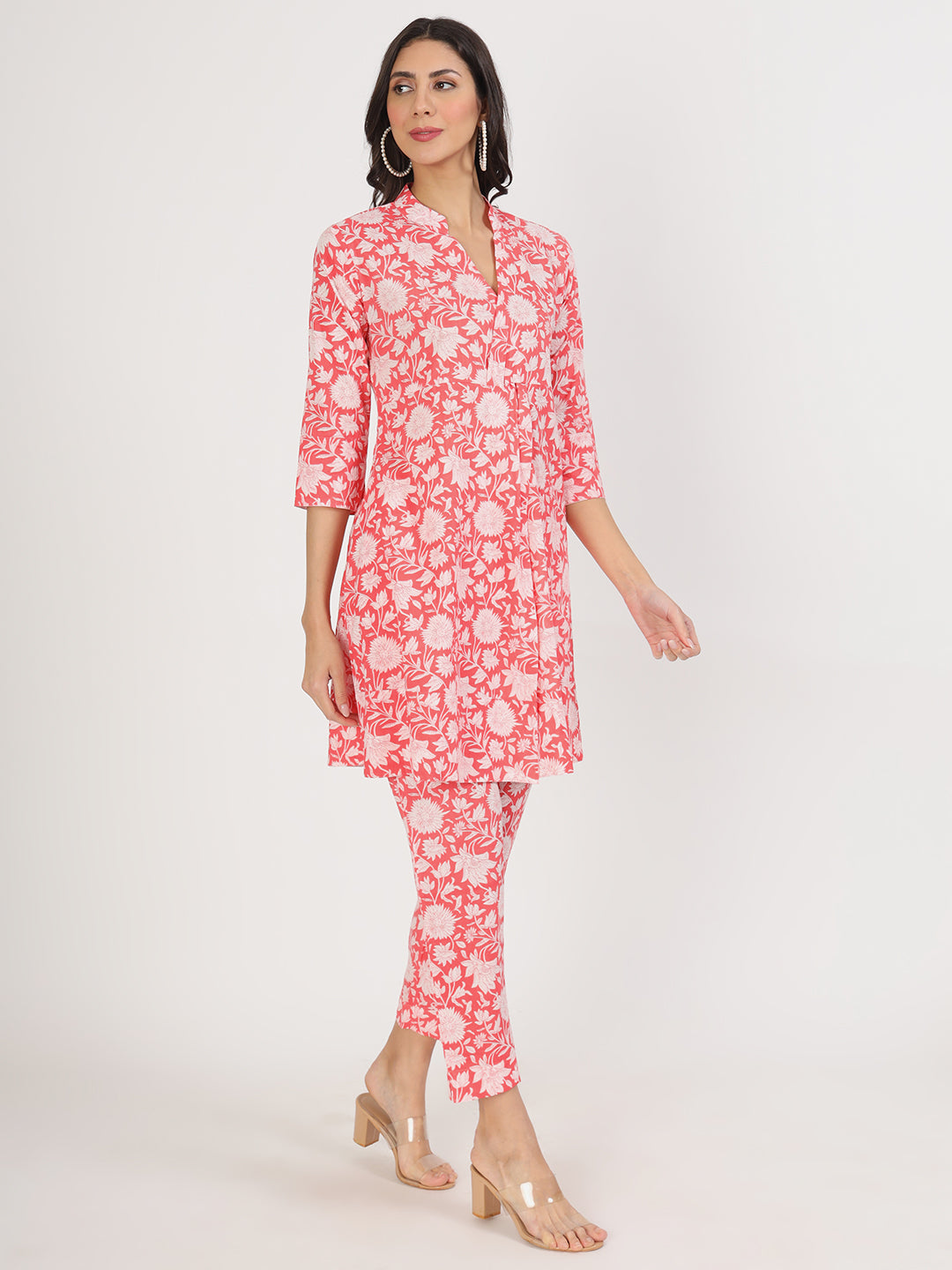 Pink Floral Printed Cotton Kurta with Herem Pant Co ord Set