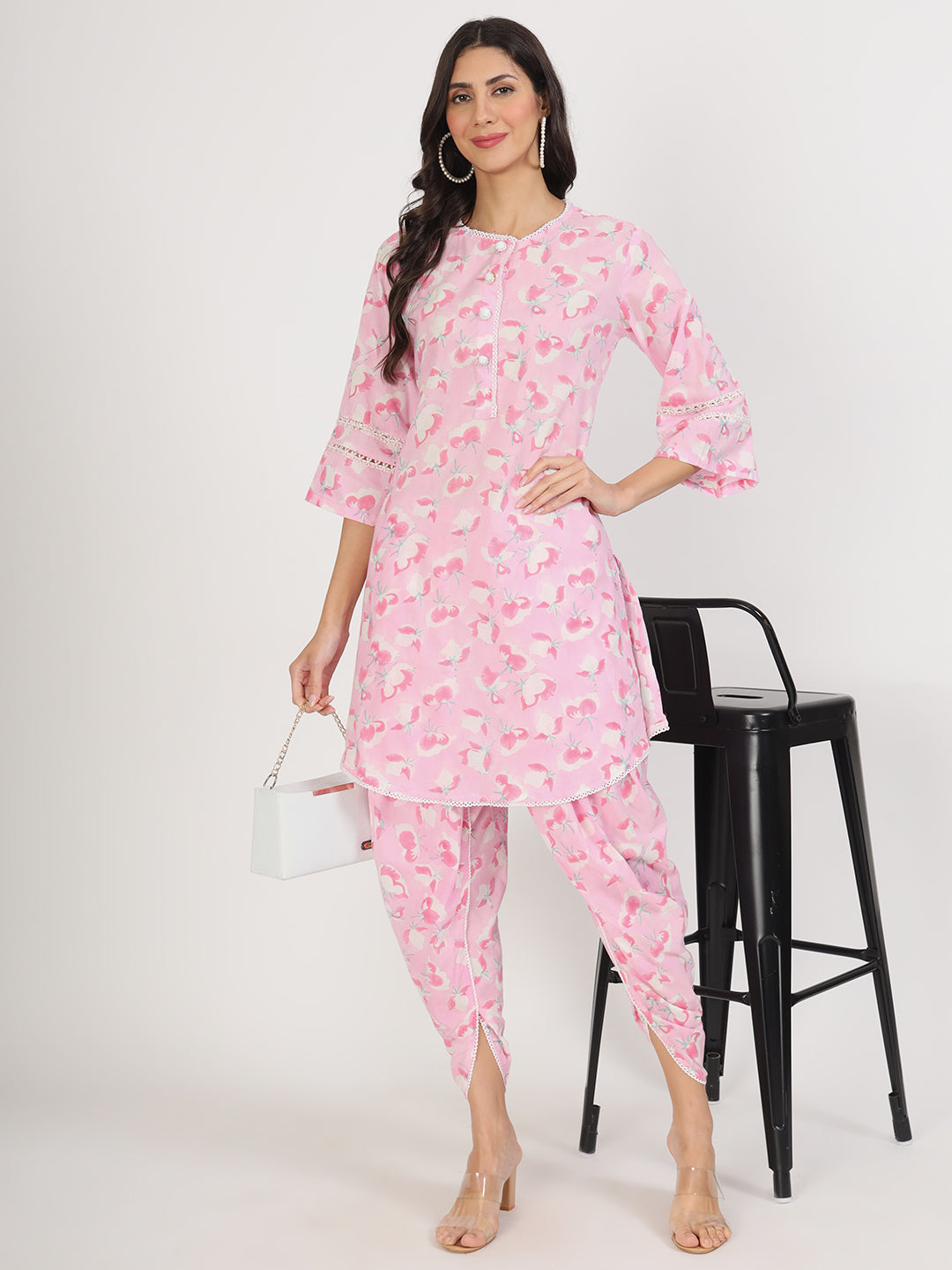 Pink Floral Printed Cotton Kurta with Dhoti Co-Ord Set