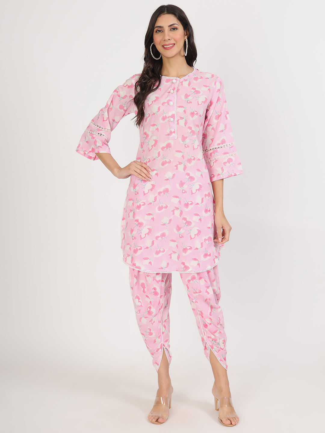 Pink Floral Printed Cotton Kurta with Dhoti Co-Ord Set