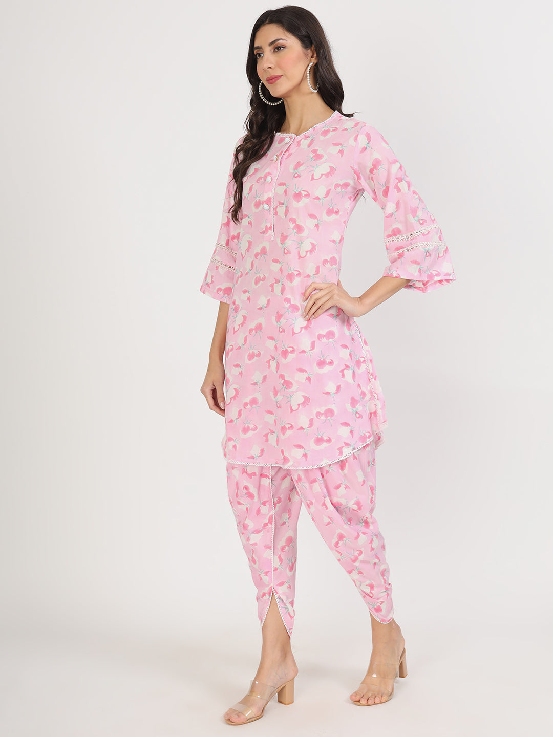 Pink Floral Printed Cotton Kurta with Dhoti Co-Ord Set